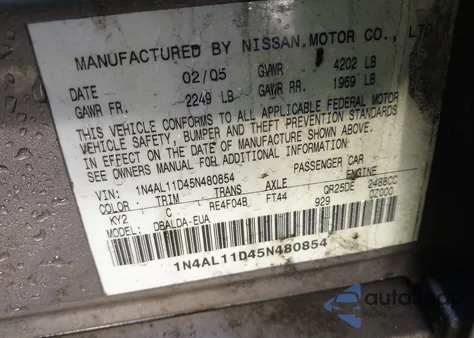 2005 Nissan Altima 2.5 S z USA, uszkodzony, nr VIN 1N4AL11D45N480854